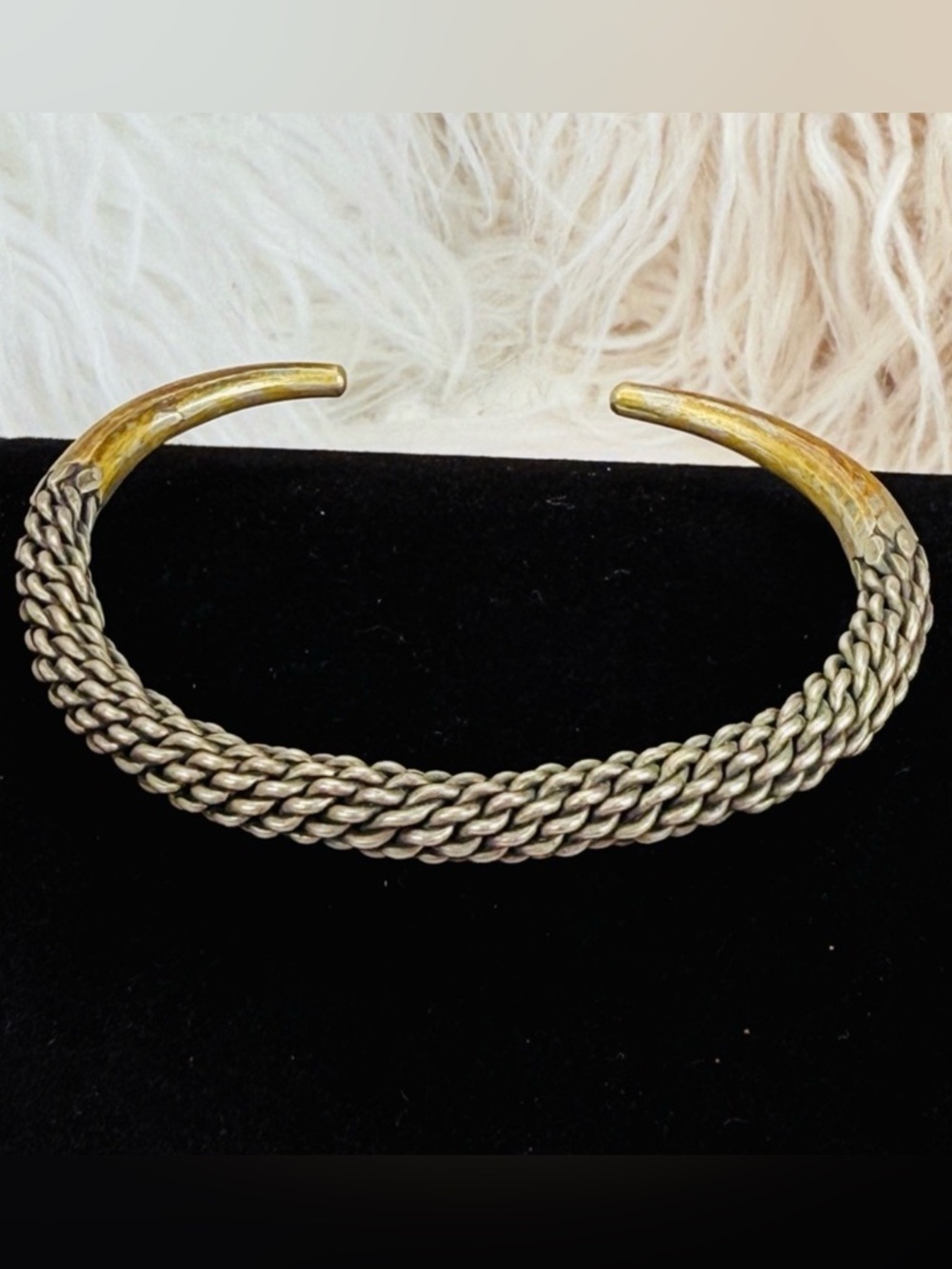 Vintage Bohemian chic weighted brasstone brutalist cuff bracelet